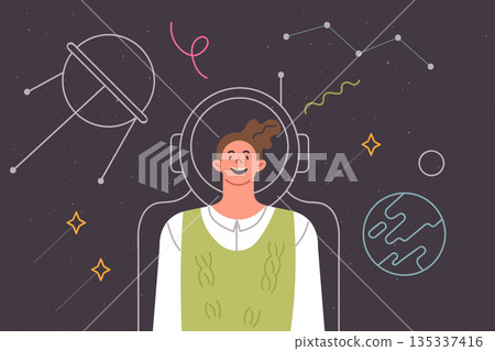 Teenage boy in fictional spacesuit dreams of flying into space and working on moon research mission Teenage boy in fictional spacesuit dreams of flying into space and working on moon research mission 135337416