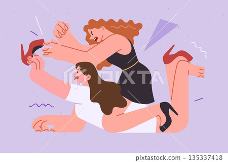 Two women fight over shoes in store, to look better than others and fighting for discounted goods 135337418