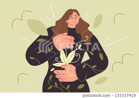 Woman who cares about environment, feeling responsible for nature, dress with pattern tree petals Woman who cares about environment, feeling responsible for nature, dress with pattern tree petals 135337419