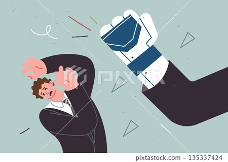 Robot large hand strikes man, metaphor for conflict people and technology exacerbating job shortages Robot large hand strikes man, metaphor for conflict people and technology exacerbating job shortages 135337424