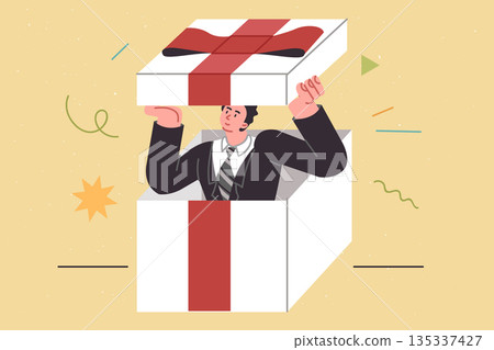 Business gift with man inside giant box decorated with red bow, symbolizing present for partners 135337427