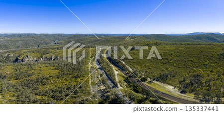 Drone aerial photograph of the Darling Causeway highway in the Blue Mountains Drone aerial photograph of the Darling Causeway highway in the Blue Mountains 135337441