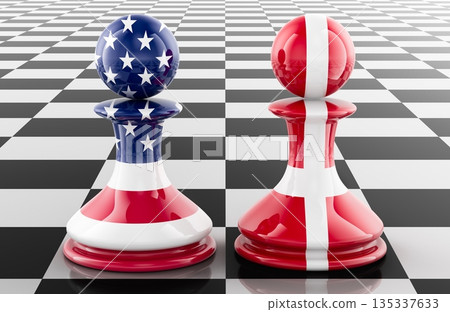US and Denmark chess pawns, Greenland dispute and Arctic geopolitics concept. 3D rendering US and Denmark chess pawns, Greenland dispute and Arctic geopolitics concept. 3D rendering 135337633
