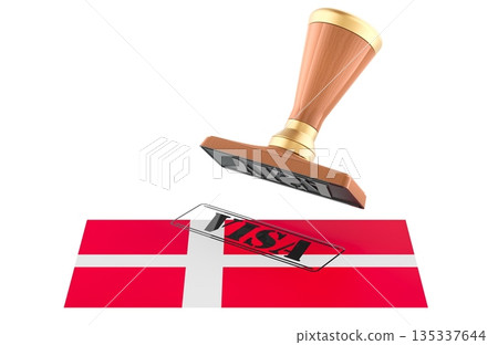 Visa stamp over Denmark flag, travel document approval concept. 3D rendering 135337644
