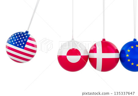 USA Greenland Denmark and EU pendulum balls, geopolitical tension concept. 3D rendering USA Greenland Denmark and EU pendulum balls, geopolitical tension concept. 3D rendering 135337647