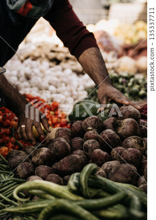 Fresh Seasonal Vegetables At Traditional Market Stall: Artichokes, Beans, Cabbage, Zuccini, Potatoes, And Root Vegetables Displayed In Abundant Mediterranean Food Market Scene Fresh Seasonal Vegetables At Traditional Market Stall: Artichokes, Beans, Cabbage, Zuccini, Potatoes, And Root Vegetables Displayed In Abundant Mediterranean Food Market Scene 135337711