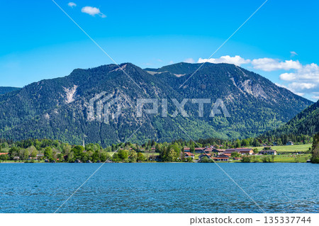 Hiking trail around Lake Schliersee in the bavarian alps at Schliersee, Upper Bavaria, Germany in Europe 135337744