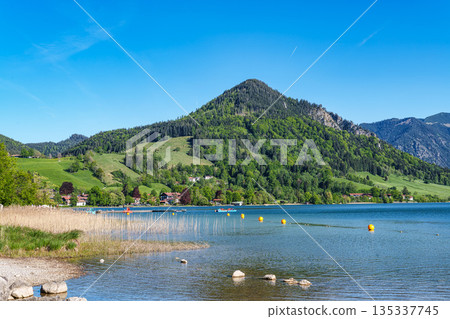Hiking trail around Lake Schliersee in the bavarian alps at Schliersee, Upper Bavaria, Germany in Europe 135337745