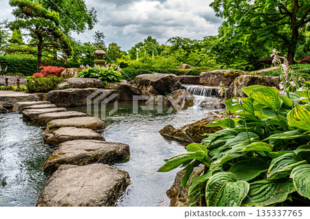 The Japanese garden in the Botanical garden in Augsburg, Germany. Lovely view on small waterfalls in japanese garden 135337765