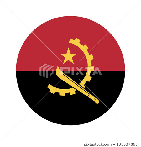Angola flag round badge. Flag of Angola circle symbol, background. Button, banner, icon. National sign of Angola. 135337865