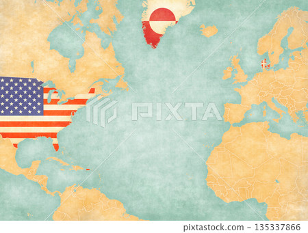Map of North Atlantic Ocean - USA, Denmark and Greenland 135337866