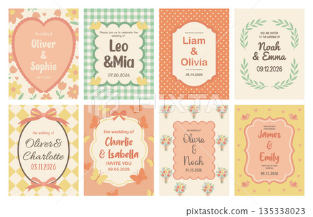Vector Vintage Wedding Invitation Card Templates Set with Cute Floral Frames. Pastel Retro Design Collection for Save the Date, Bridal Shower, Engagement and Greeting Cards 135338023