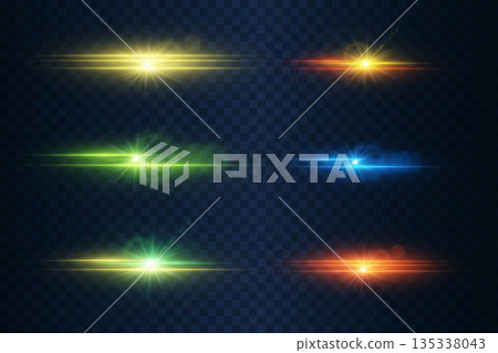 Set of colored neon highlights and flares. The effect of lines and stars, an explosion of lenses. Set of colored neon highlights and flares. The effect of lines and stars, an explosion of lenses. 135338043