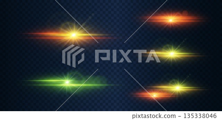 Set of colored neon highlights and flares. The effect of lines and stars, an explosion of lenses. 135338046