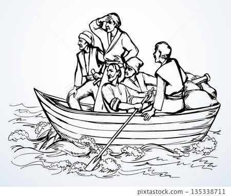 Vector drawing. Ancient men in the boat Vector drawing. Ancient men in the boat 135338711