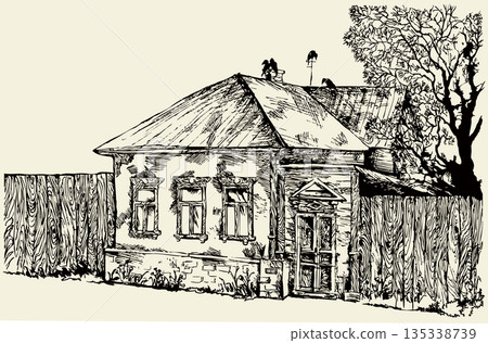 Vector drawing. Old house with wooden fence 135338739