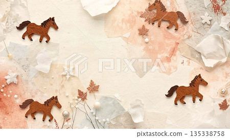 Felt horse covered in paper fibers and snowflakes 135338758