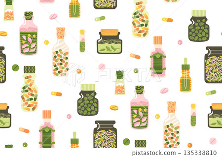 Medicine bottle pills capsules vitamin supplements seamless pattern ayurvedic boundless background 135338810