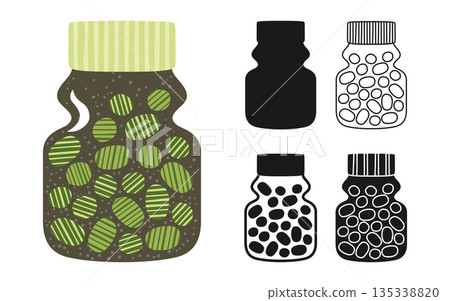 Bottle with pills capsules vitamin supplements set ayurveda alternative medicine vector symbol 135338820
