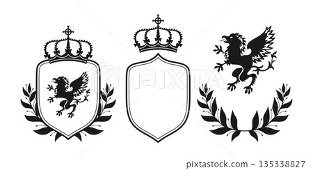 Coat of arms with noble griffin eagle shield crown Heraldic crest set vintage vector illustration 135338827