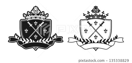 Coat of arms with swords crosswise heraldic classic lily ribbon tape shield and crown vector design Coat of arms with swords crosswise heraldic classic lily ribbon tape shield and crown vector design 135338829