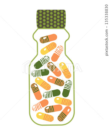 Bottle pills capsules vitamin supplements cartoon vector illustration ayurveda medicine flat symbol Bottle pills capsules vitamin supplements cartoon vector illustration ayurveda medicine flat symbol 135338830