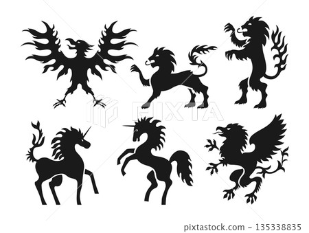Heraldic animals coat of arms set heraldry crest elements mascots lion unicorn eagle graphic vector 135338835
