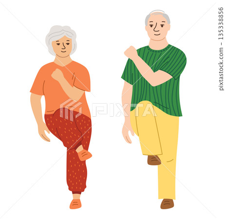 Elderly couple cardio workout elbow exercise health exercise adult fitness stretching Pilates vector Elderly couple cardio workout elbow exercise health exercise adult fitness stretching Pilates vector 135338856
