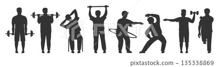 Older people play sports silhouette set men senor running gym cardio yoga stretching jogging vector 135338869