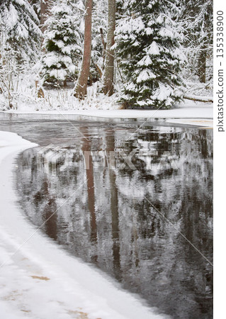 a calm winding river in a snowy forest, trees under the snow in the forest, peace and quiet, reflection on the water, without people a calm winding river in a snowy forest, trees under the snow in the forest, peace and quiet, reflection on the water, without people 135338900