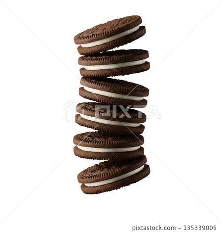 Tall tempting stacks of delicious cream-filled chocolate sandwich cookies on transparent background, perfect for food advertising and cravings 135339005