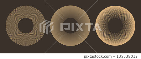 Concentric line radial circles, suns. Abstract bohemian geometric shapes with textured effect. Minimalist vector background. 135339012