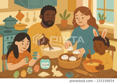 Happy Easter. Family in cozy kitchen, decorating eggs, mixing batter, and placing cupcakes in basket. Easter baking traditions. Vector poster Happy Easter. Family in cozy kitchen, decorating eggs, mixing batter, and placing cupcakes in basket. Easter baking traditions. Vector poster 135339054