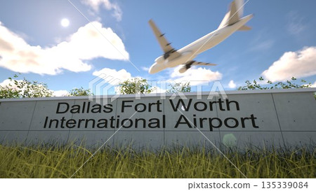 Arrivals at Dallas Fort Worth International Airport with airplane landing near terminal, Dallas Fort Worth, United States 3D rendering 135339084