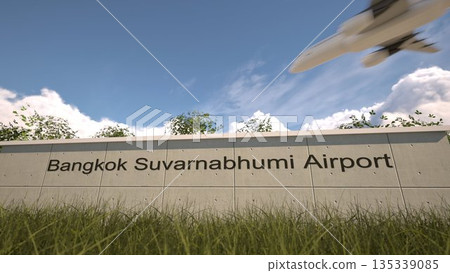Arrivals at Bangkok Suvarnabhumi Airport with airplane landing near terminal, Bangkok, Thailand 3D rendering Arrivals at Bangkok Suvarnabhumi Airport with airplane landing near terminal, Bangkok, Thailand 3D rendering 135339085