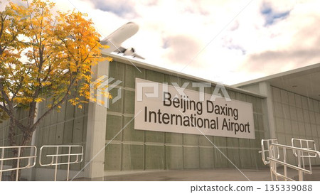 Beijing Daxing International Airport sign on terminal building with autumn tree and airplane, Beijing, China 3D rendering Beijing Daxing International Airport sign on terminal building with autumn tree and airplane, Beijing, China 3D rendering 135339088