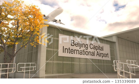 Beijing Capital International Airport sign on terminal building with autumn tree and airplane, Beijing, China 3D rendering Beijing Capital International Airport sign on terminal building with autumn tree and airplane, Beijing, China 3D rendering 135339089