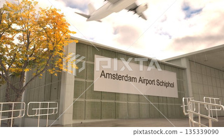 Amsterdam Airport Schiphol sign on terminal building with autumn tree and airplane, Amsterdam, Netherlands 3D rendering 135339090