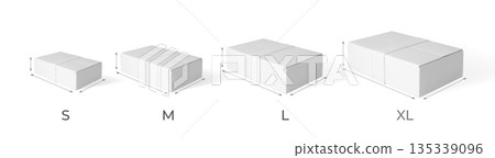 3D cardboard box with height, length, width vector mockup, realistic white carton parcel, delivery cargo S,M, l, XL size 135339096
