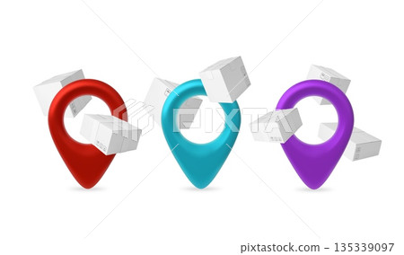 Cardboard boxes, parcels around different colors geolocation pointer signs, vector white paper packages delivery service 135339097