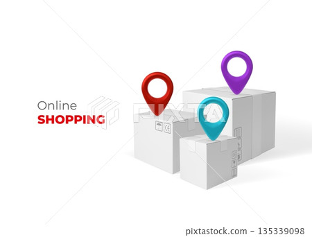 Online shopping concept with white cardboard boxes of various shapes with colored location markers. Online shopping concept with white cardboard boxes of various shapes with colored location markers. 135339098