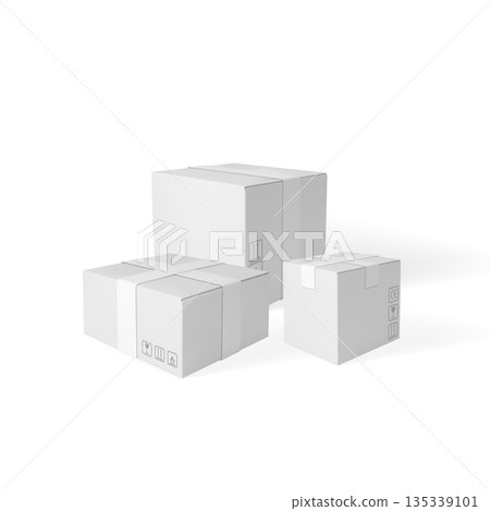 Three white sealed cardboard boxes of different shapes, with marking symbols. Three white sealed cardboard boxes of different shapes, with marking symbols. 135339101