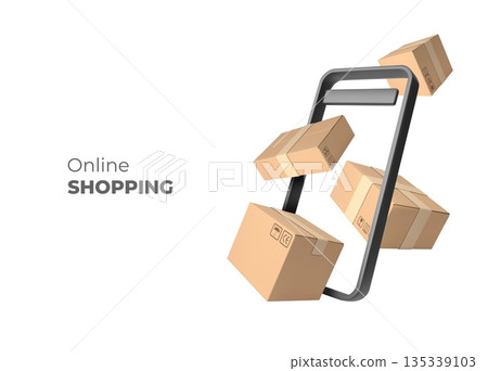 An advertising banner featuring a mobile phone with sealed cardboard boxes flying out of the screen 135339103