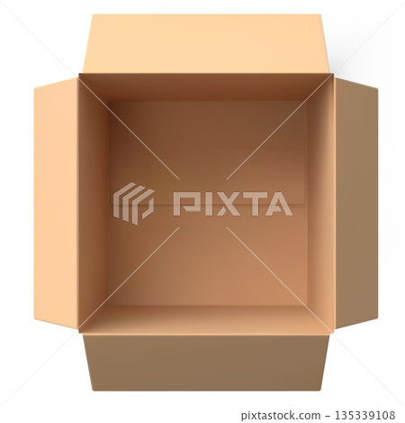 Realistic brown empty cardboard box, top view, square shape. 135339108
