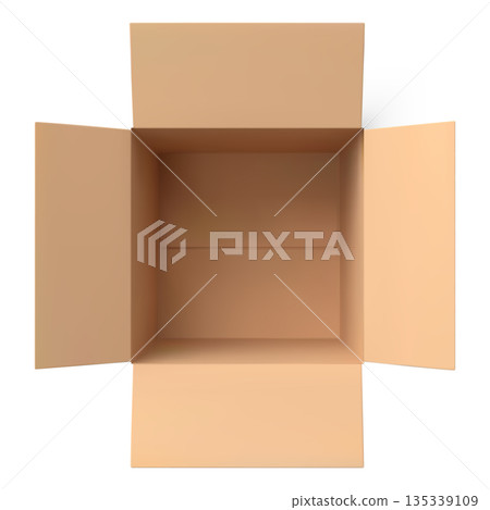 Mockup of an empty, open, brown cardboard box, top view, square shape. 135339109