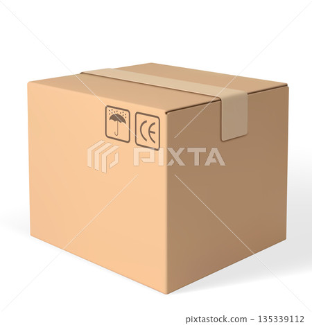 A closed brown cardboard box with shipping symbols. 135339112