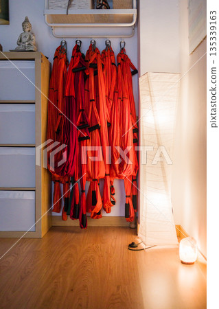 Empty aerial yoga studio interior with hammocks Empty aerial yoga studio interior with hammocks 135339163