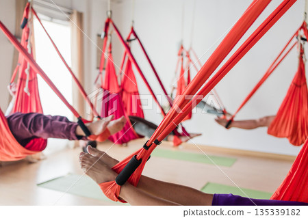 People practicing aerial yoga with red hammocks People practicing aerial yoga with red hammocks 135339182