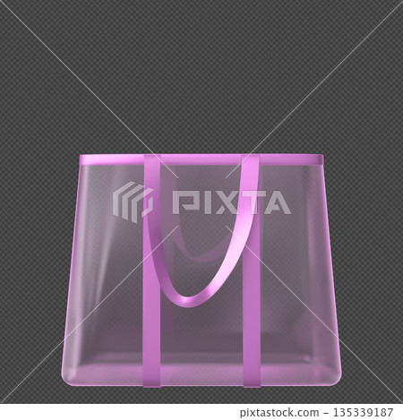 Transparent tote bag with handles, purple shopping pouch with straps, plastic pocket with hooks vector mockup front view Transparent tote bag with handles, purple shopping pouch with straps, plastic pocket with hooks vector mockup front view 135339187