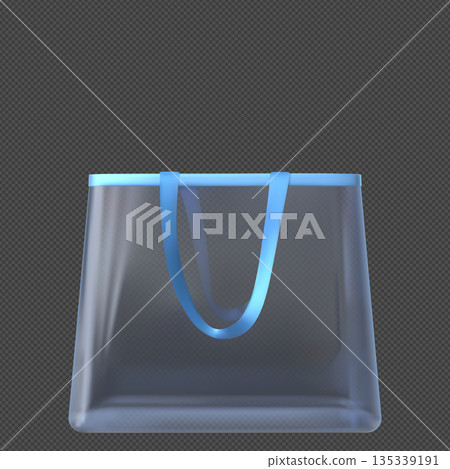 Transparent tote bag with handles, fashion blue shopping pouch, empty plastic handbag pocket vector mockup front view 135339191